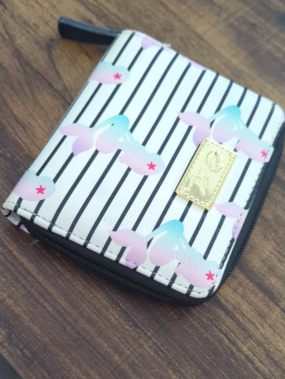 Striped Mermaid Zip Wallet with Gold Logo Plate - Pink & Teal